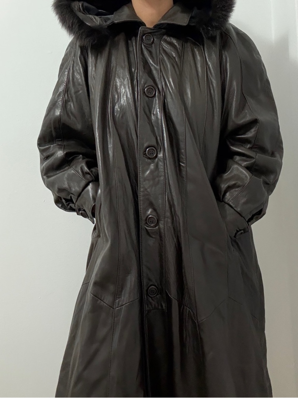 Women's or men Dark Brown Leather Hooded Coat with removable Fur Trim